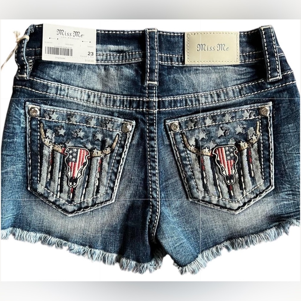 Miss Me Blue Denim Shorts with American Flag Steer Skull Embroidery Size 23 NWT